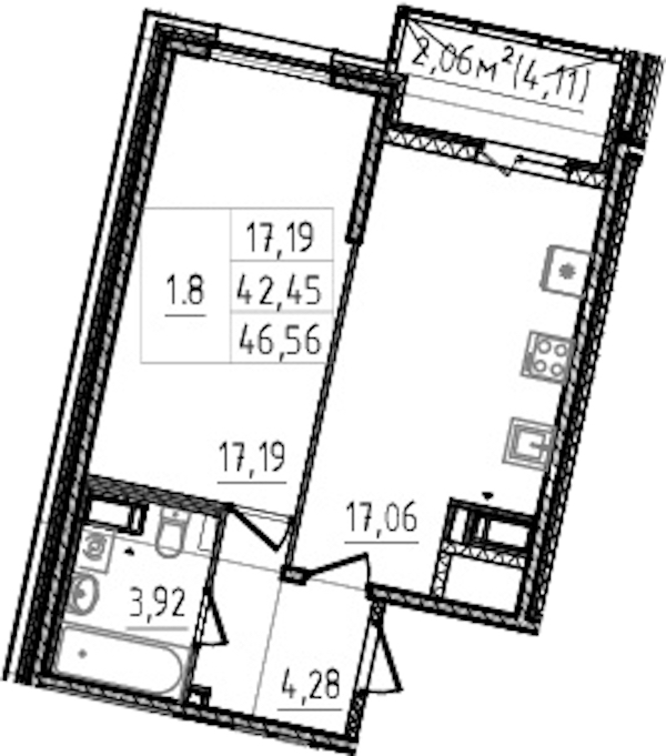 1-комнатная квартира 42.45 м², 13/14 эт., ЖК «Чёрная речка»